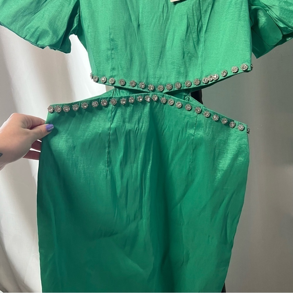 Band of Stars Green Puff Sleeve Rhinestone Cutout Dress Size 8 - Picture 7 of 13